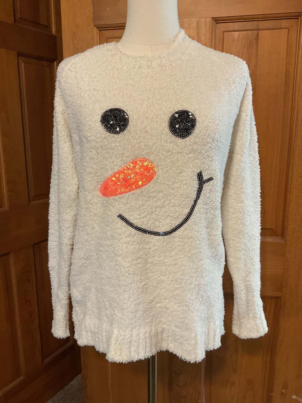 100 Poof Women's White Sweater with Snowman. Size Small